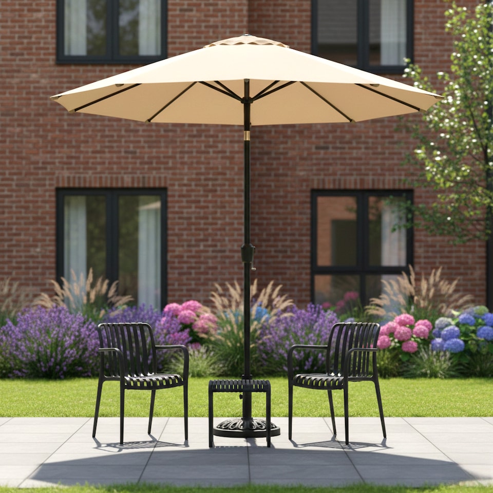 image 1 of JSH 2.7m Straight Tilting Garden Parasol - Beige Outdoor Round Patio Sunshade with UV 30+ Protection & Crank Handle Umbrella