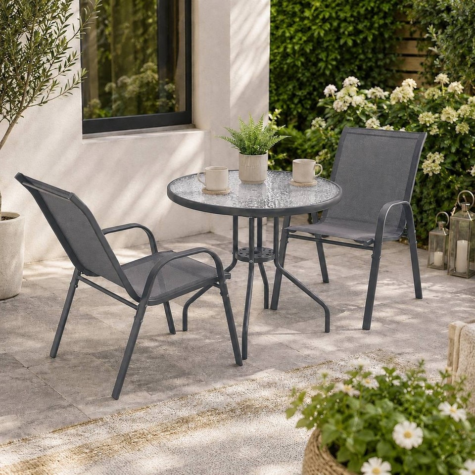 image 1 of 3 Pcs Garden Round Glass Top Table & 2 Chairs Bistro Set
