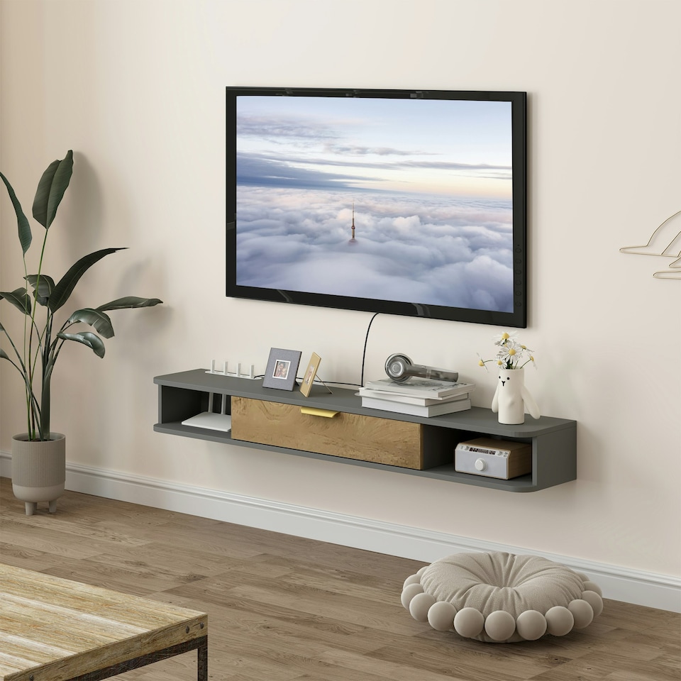 image 1 of HOMCOM 140 cm Floating TV Unit with Storage Entertainment Media Console Grey 