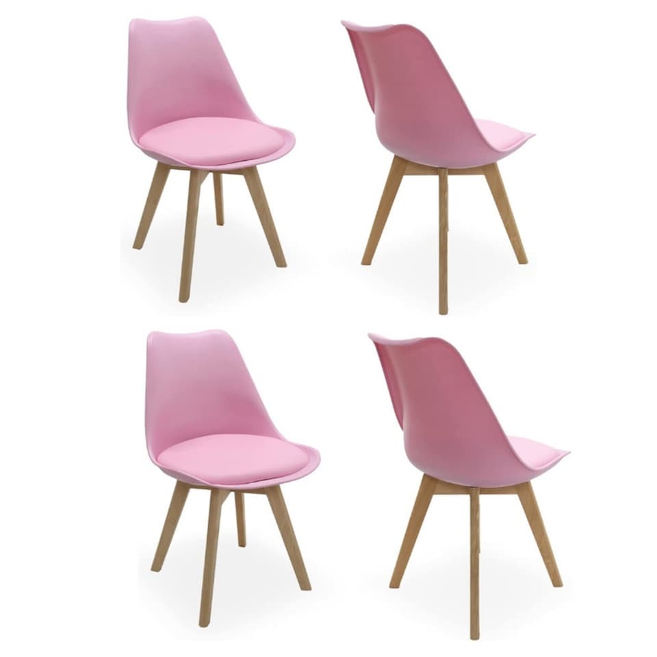 image 1 of 5PCs Dining Set - a White Round Dining Table & Set of 4 White Lorenzo Tulip chairs with Padded Seat | Pink