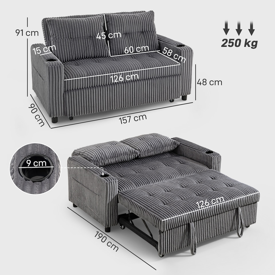 image 1 of HOMCOM 2 Seater Sofa Bed, Corduroy Click Clack Sleeper Sofa with Pull Out Design, 2 Pillows, Cup Holders, Side Pockets, Convertible Loveseat Bed Settee for Living Room, 157x190cm, Charcoal Grey
