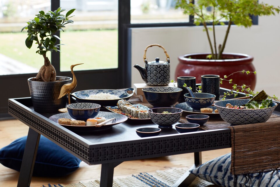 image 1 of Mikasa Satori Set of 6 Porcelain Miso Serving Bowls with Seigaiha Wave Design