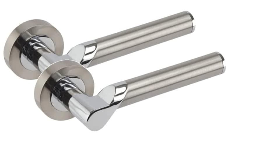 image 1 of Golden Grace 4 Pairs Titan Design Door Handles on Round Rose in Satin Nickel Polished Chrome with 2.5" Tubular Latch - 52mm Diameter | Grey | 4 Pairs