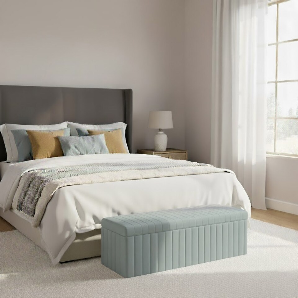 image 1 of 150cm Wide Lux Ottoman Storage Box, Silver Velvet Upholstered Full Striped Storage Ottoman Box