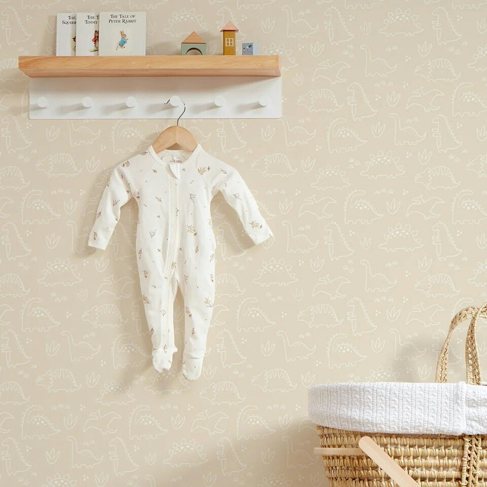 image 1 of Dinky Dinos Wallpaper in Cream and White Multi
