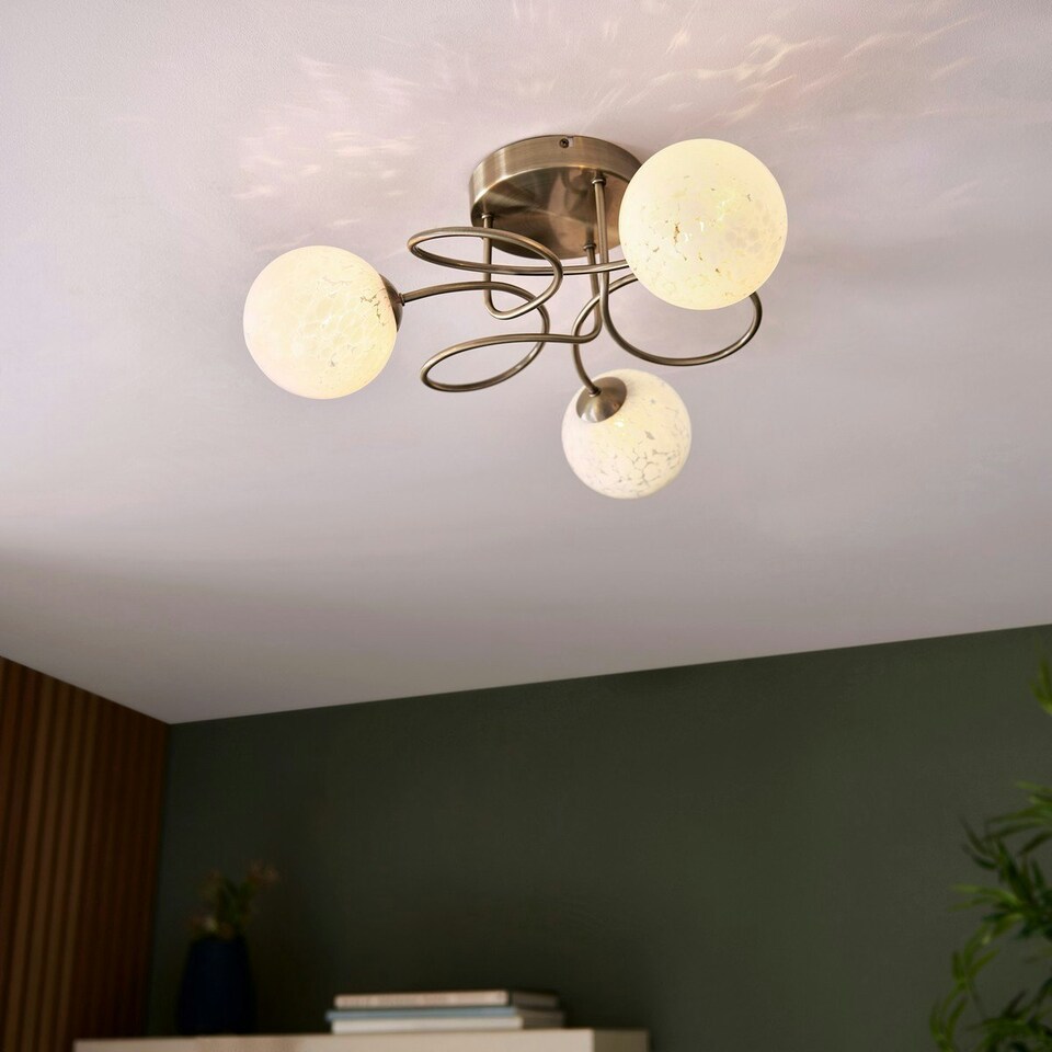 image 1 of Delos 3 Light Multi Arm Glass Semi Flush Ceiling Lamp Antique Brass