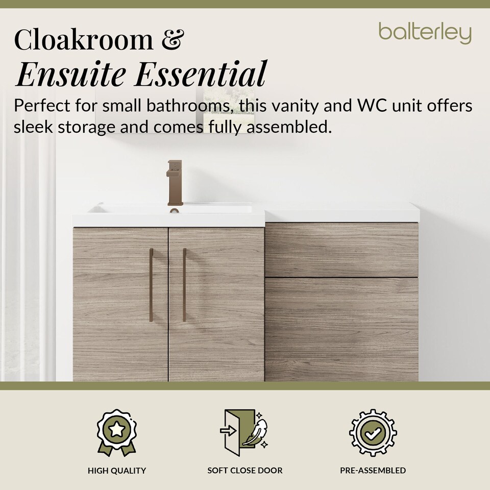 image 1 of Balterley Left-Hand Bathroom Vanity and WC Unit Combination with Basin - Woodgrain Mid Oak with Handles | Brown | Grey Vicenza Oak