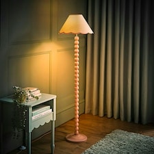 ValueLights Bobbles Rose Pink Bobbin Floor Lamp with Pink Trim Scallop Shade