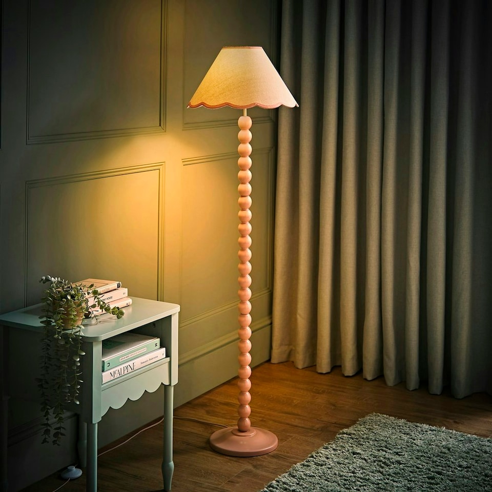 image 1 of ValueLights Bobbles Rose Pink Bobbin Floor Lamp with Pink Trim Scallop Shade