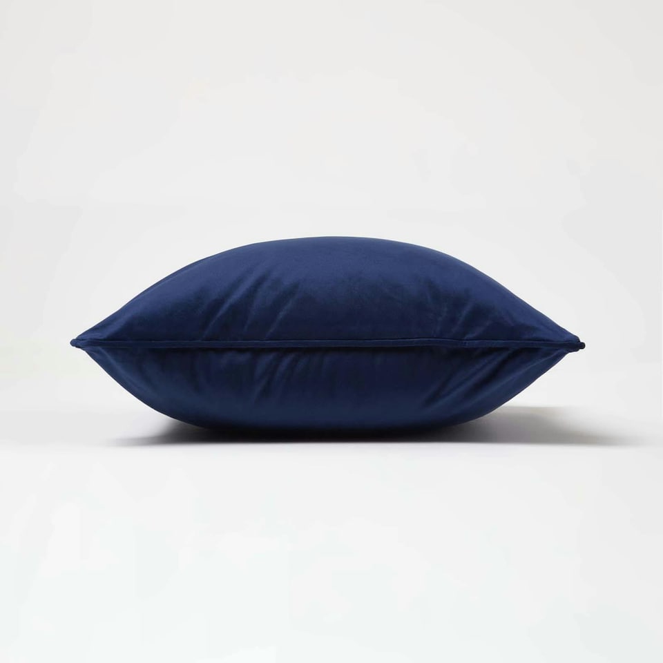 image 1 of Homescapes Navy Filled Velvet Cushion with Piped Edge - 46 x 46 cm | Blue | Navy | 1