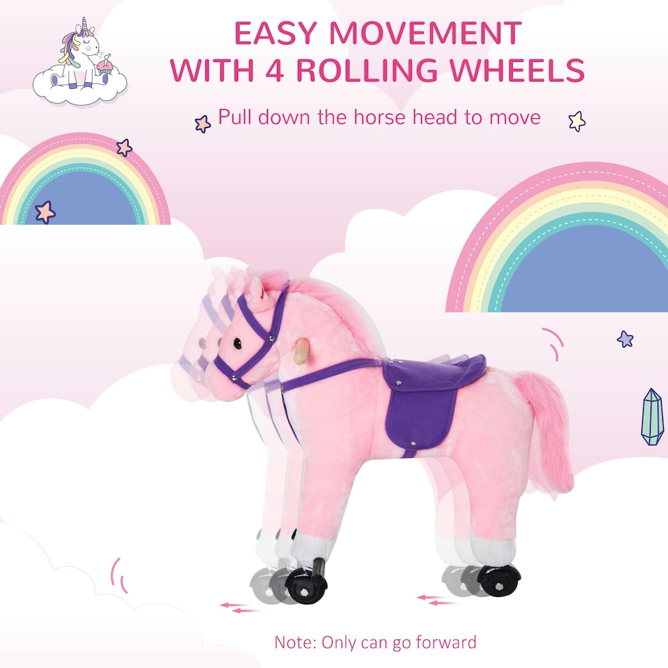 image 1 of HOMCOM Wheeled Rocking Horse Ride on Rocker Children Riding Toy Plush Pink Sound