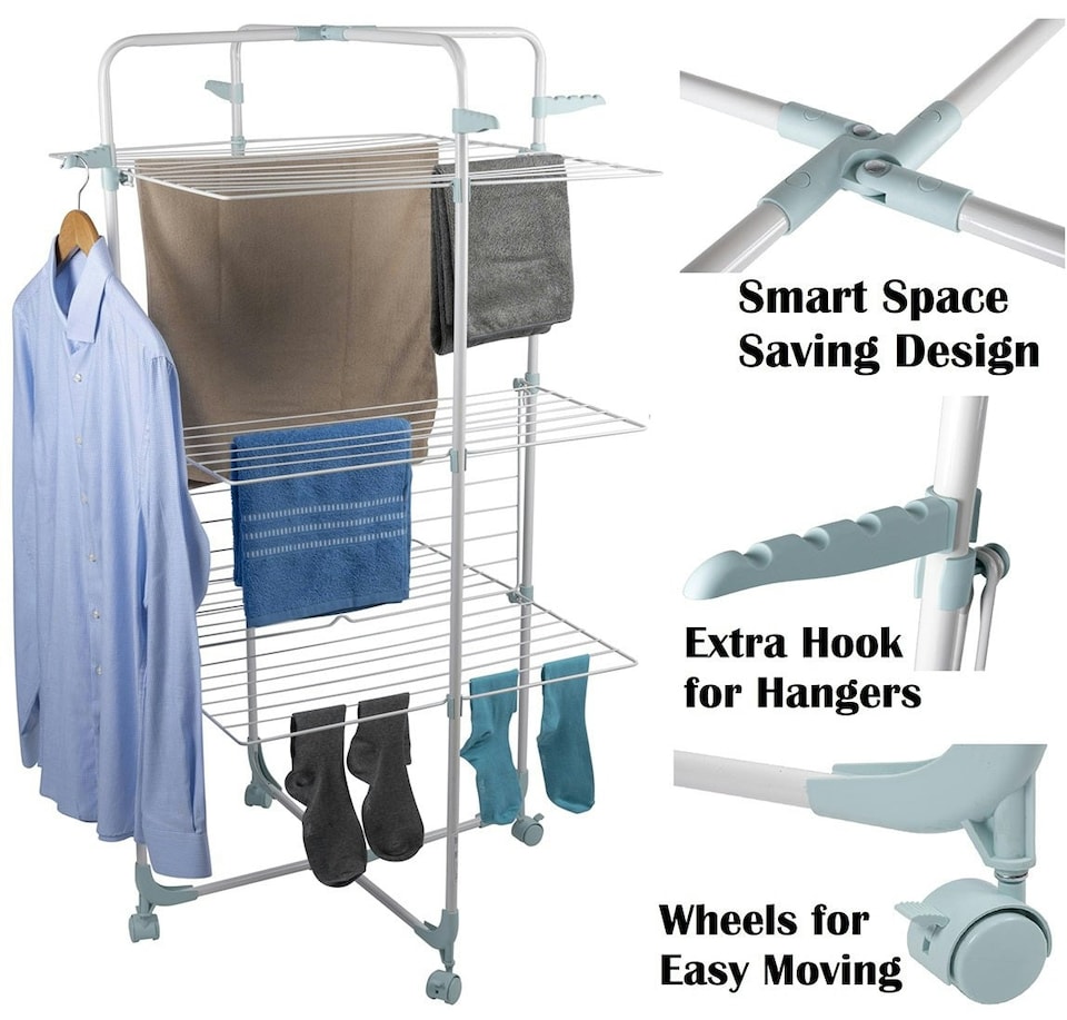 image 1 of 30M Clothes Airer Drying 3 Tier Rack Foldable Laundry Dryer Roller Wheeled Hook