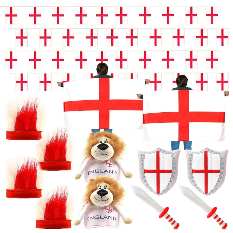 image 1 of Pack of 1 12 Piece England Set - Bunting, Flag Capes, Headbands, Hats & Inflatables Red | One Size