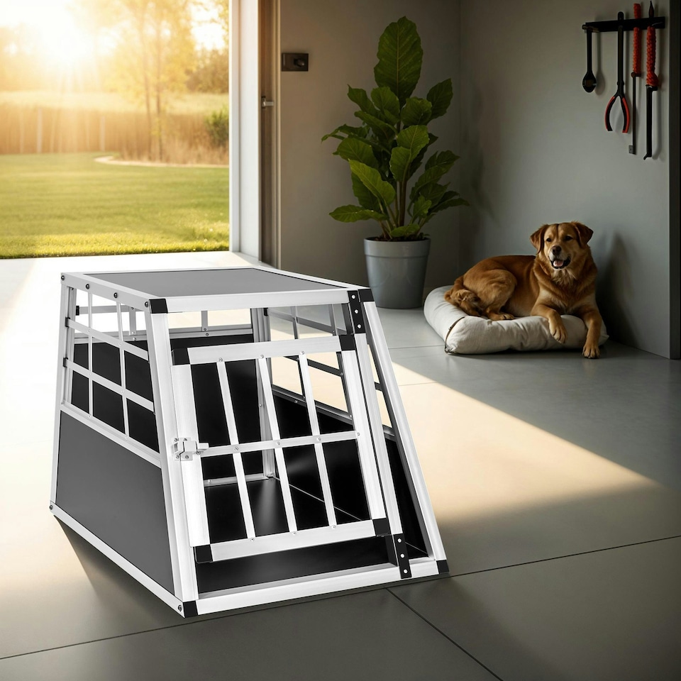 image 1 of Aluminium Pet Car Crate Travel Cage Dog Puppy Cat Transport Kennel 2 sizes - 69x54x50cm