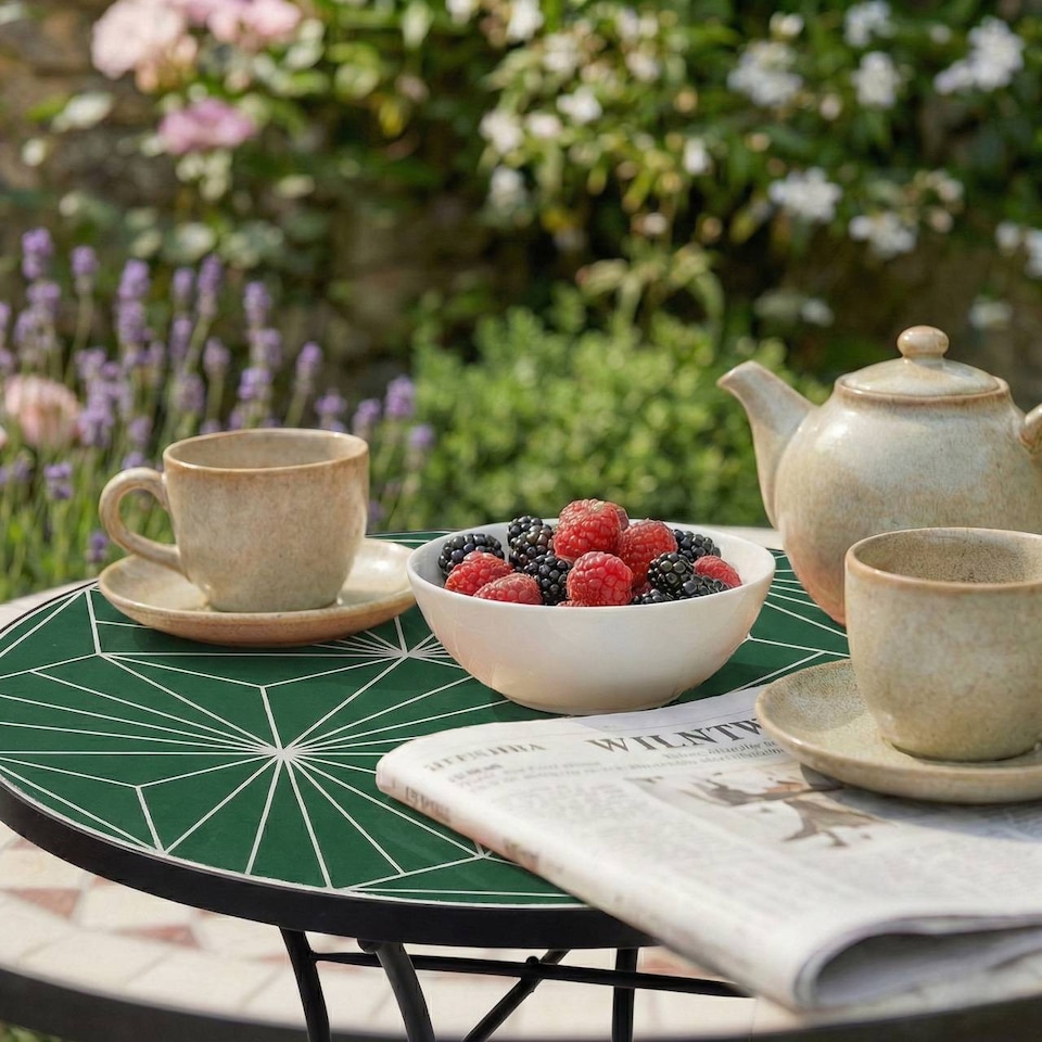 image 1 of 60cm Round Mosaic Ceramic Garden Bistro Table | Multi | Geometric Green | 1
