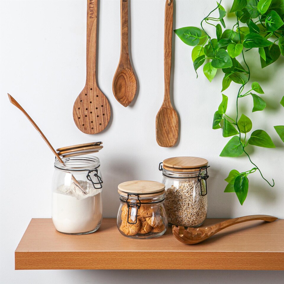 image 1 of Argon Tableware Glass Storage Jar - Wooden Clip Lid - 500ml - Airtight Kitchen Container Round Preserving Jar with White Seal