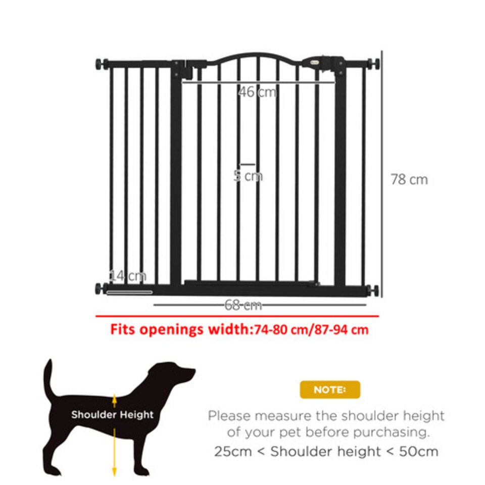 image 1 of PawHut Adjustable Metal Pet Gate with Auto Close 74 to 94 cm Black