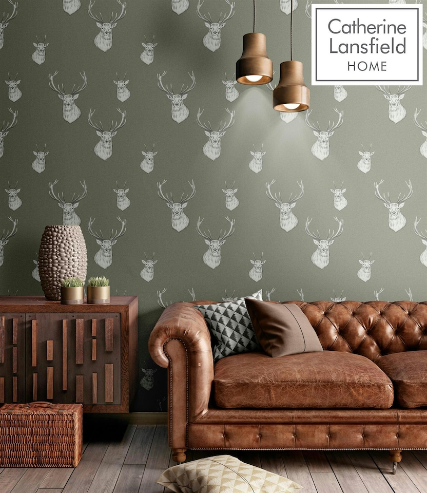 image 1 of Catherine Lansfield Stag Green Wallpaper Green | Green