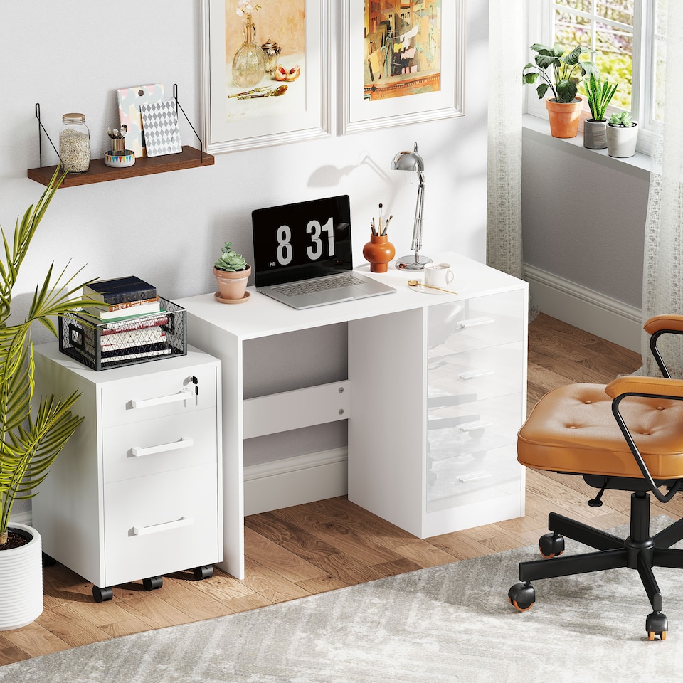 image 1 of HOMCOM Computer Desk with Drawers, Dressing Table, High Gloss Home Office Writing Workstation, White