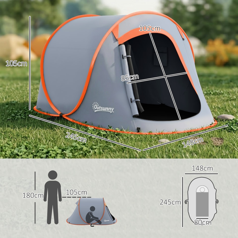 image 1 of Outsunny Pop up Camping Tent for 2 Man, 2000mm Waterproof with Carry Bag, Grey | Orange | Grey and Orange