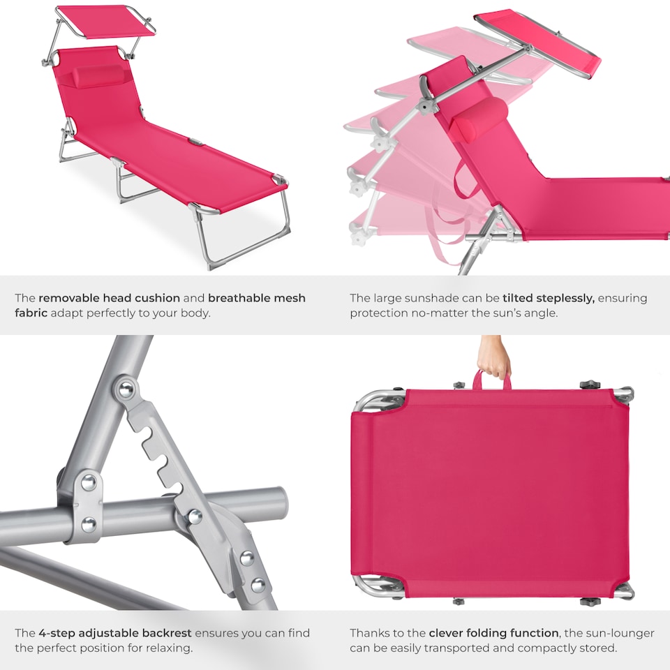 image 1 of Sun Lounger - foldable, adjustable sunroof, 4-step backrest, head cushion | Pink | pink | 1