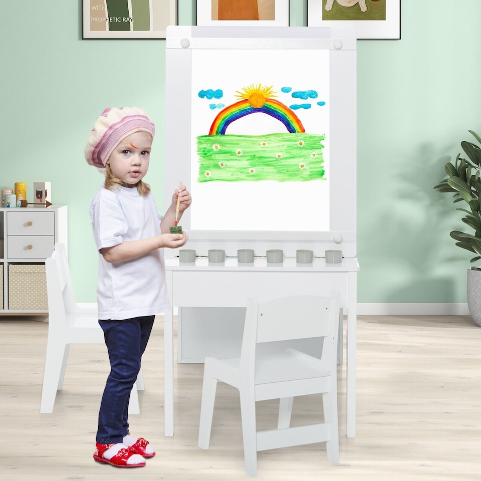 image 1 of COSTWAY 2-in-1 Kids Art Table Set with Chairs White