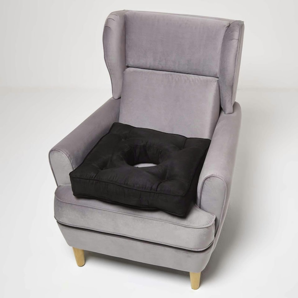 image 1 of Homescapes Black Faux Suede Coccyx Cushion | Black | Black | 50cm x 50cm x 10cm (20" x 20" x 4")