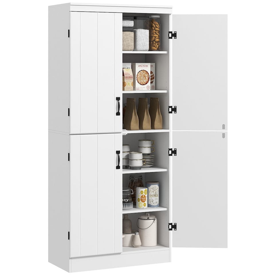 image 1 of HOMCOM 4-Door Tall Kitchen Cupboard, Freestanding 6-Tier Storage Cabinet with 2 Adjustable Shelves for Living Room, Dining Room, White