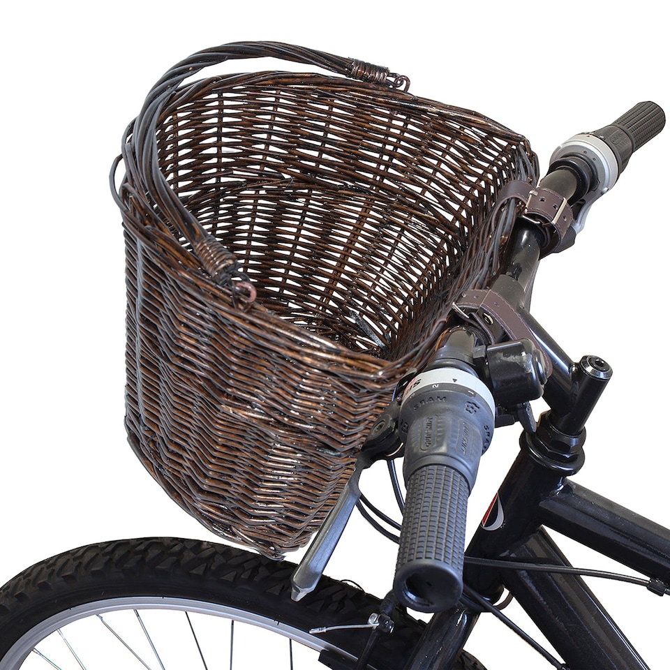 image 1 of Wickerfield Natural Wicker Bicycle Handlebar Basket with Faux Leather Straps, Front Bike Shopping Basket (Honey/Brown)