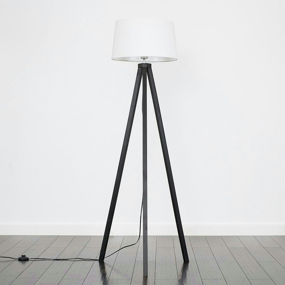image 1 of ValueLights Modern Black Wood Tripod Floor Lamp With White Shade