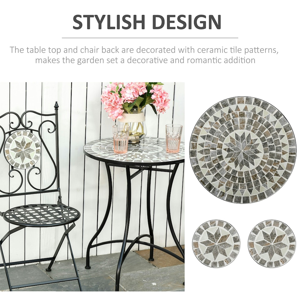 image 1 of Outsunny 3 Pcs Mosaic Tile Garden Bistro Set Outdoor w/ Table 2 Folding Chairs
