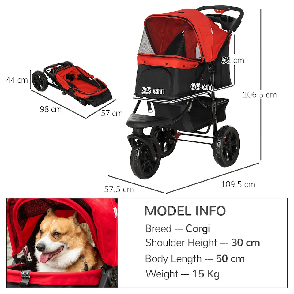 image 1 of PawHut Folding 3 Wheel Pet Stroller Travel Adjustable Canopy Storage Brake Red