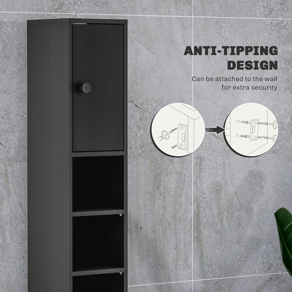 image 1 of kleankin Slim Bathroom Cabinet, Toilet Roll Storage w/ Open Shelves, Black | Black | 20W x 20D x 180H cm