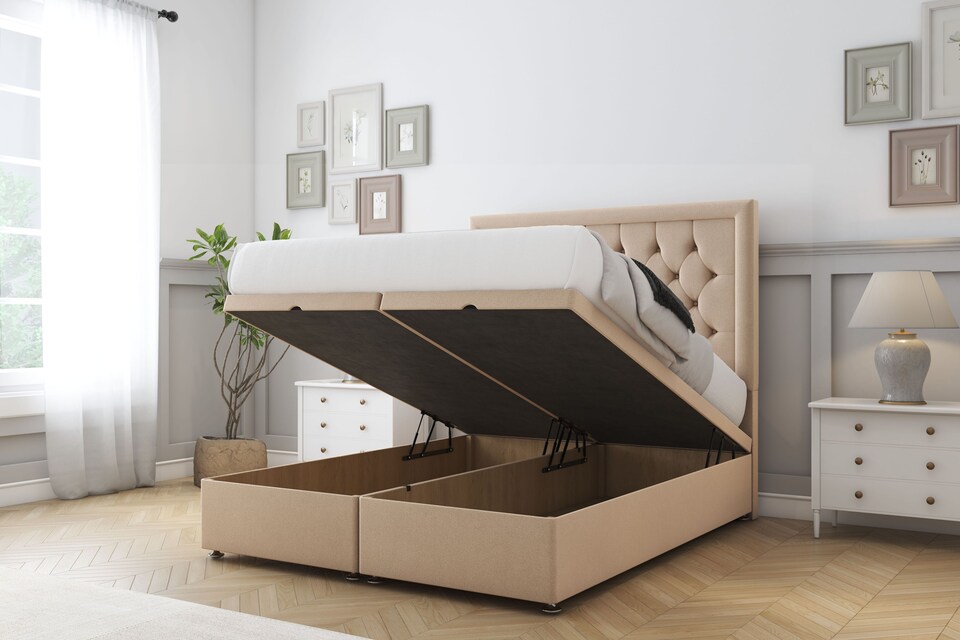 image 1 of Sloomy Montana Pebble Plush Ottoman Bed With Mattress With 26" Strutted Headboard 6' Super King
