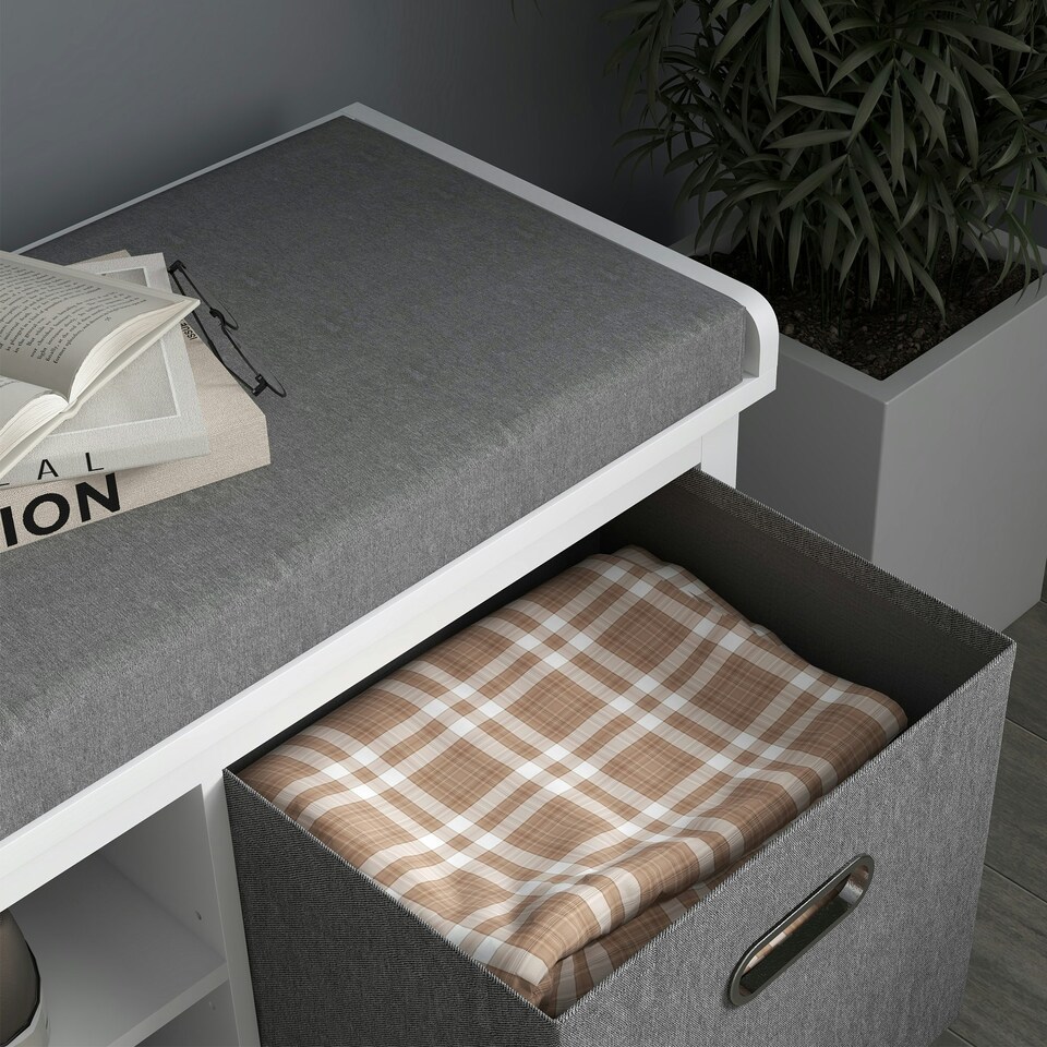 image 1 of HOMCOM Shoe Bench with Cushioned Seat Fabric Drawers for Entryway Hallway White White