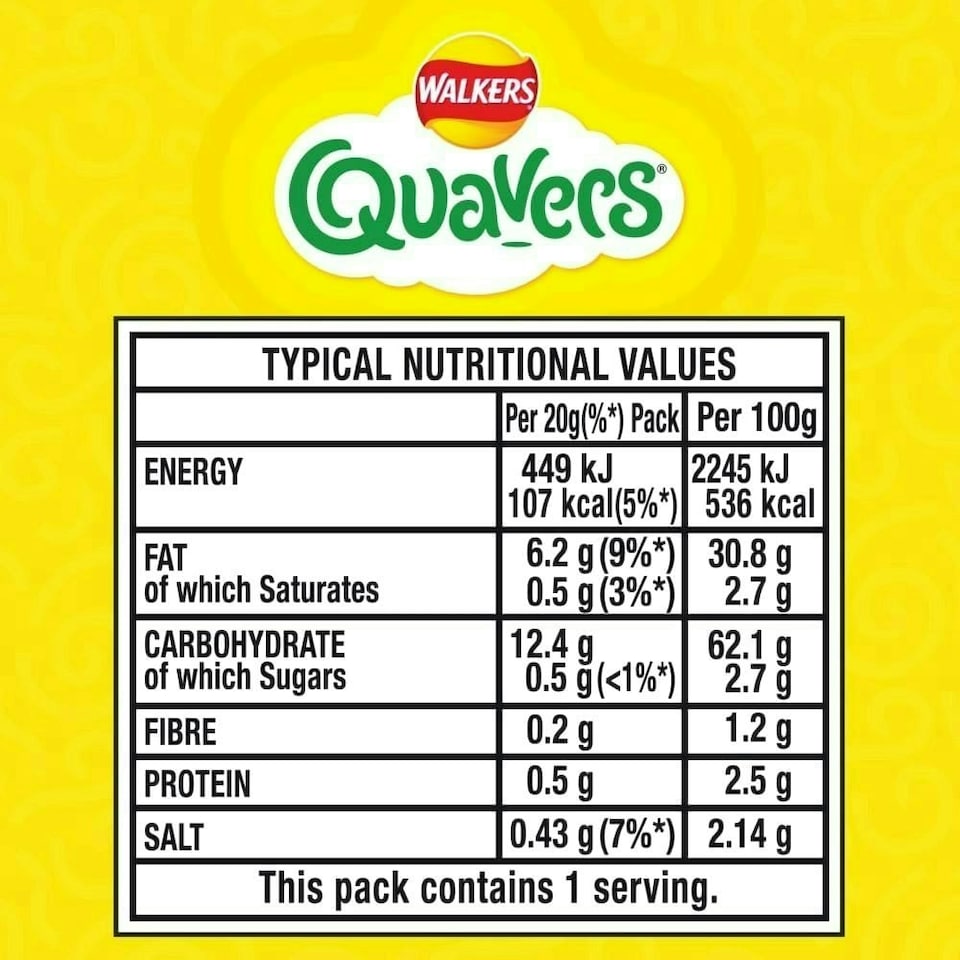 image 1 of Walkers Quavers Cheese Snacks Crisps 20g (Pack of 32)