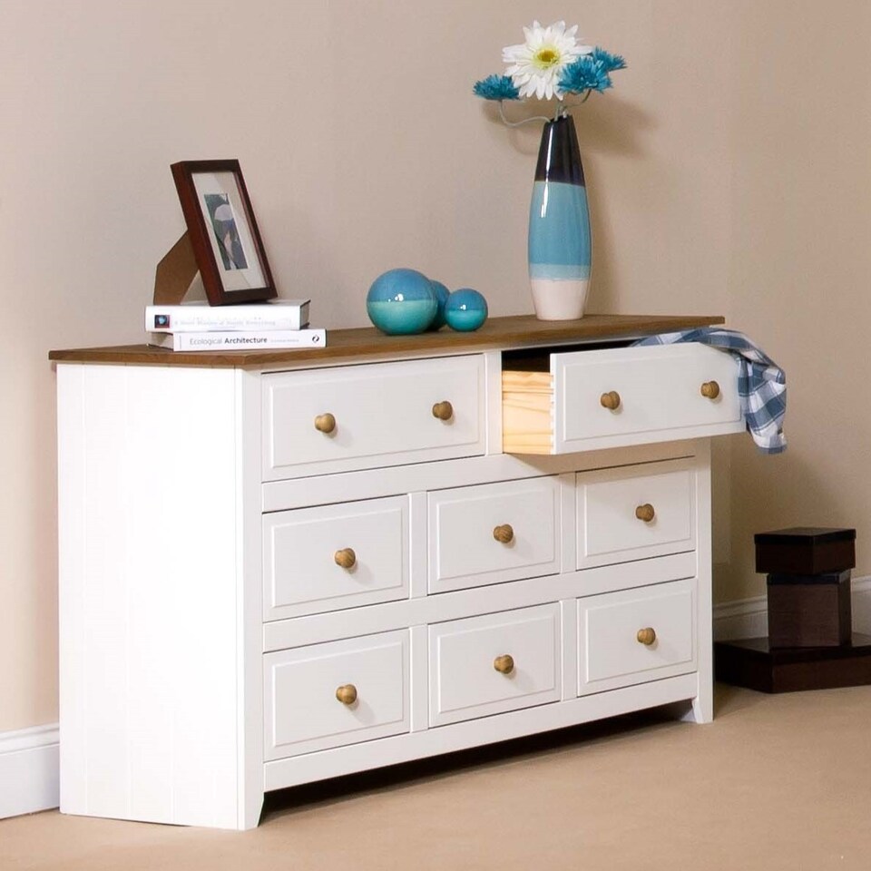 image 1 of Capri 6+2 Drawer White Wide Chest of Drawers - White Painted Pine Bedroom Storage with Shaker Style Legs | White | White | 1