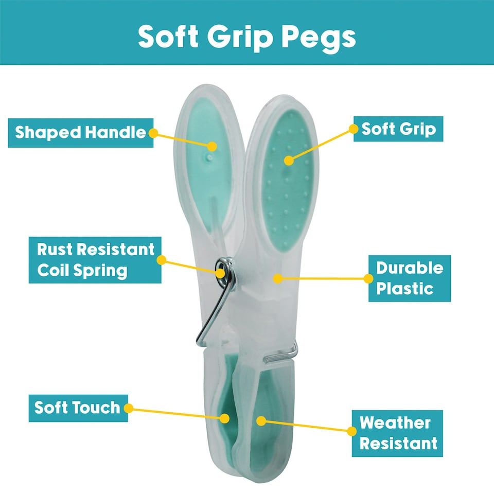 image 1 of JVL Plastic Peg Basket, Grey with 48 Soft Grip Plastic Pegs, Aqua