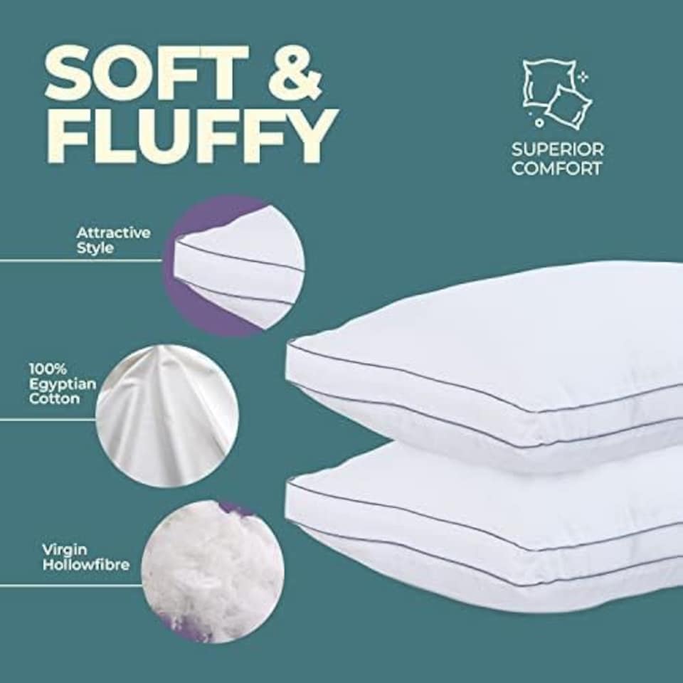 image 1 of 100% Egyptian Cotton Bed Pillow Extra Filling for The Best Sleep Hypoallergenic Dust Mite Resistant Hotel Pillows - Pack of 2