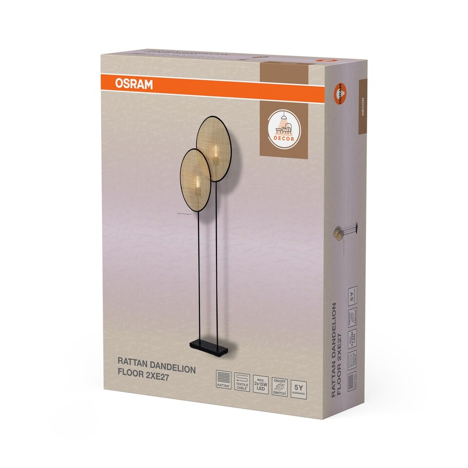 image 1 of Osram Decor Rattan Dandelion Floor Lamp 2 x E27 Brown Natural Standing Light