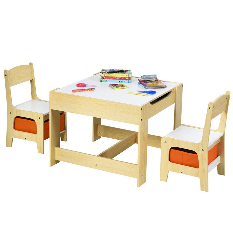 image 1 of COSTWAY Kids Table Chair Set with Double Storage Box Cream