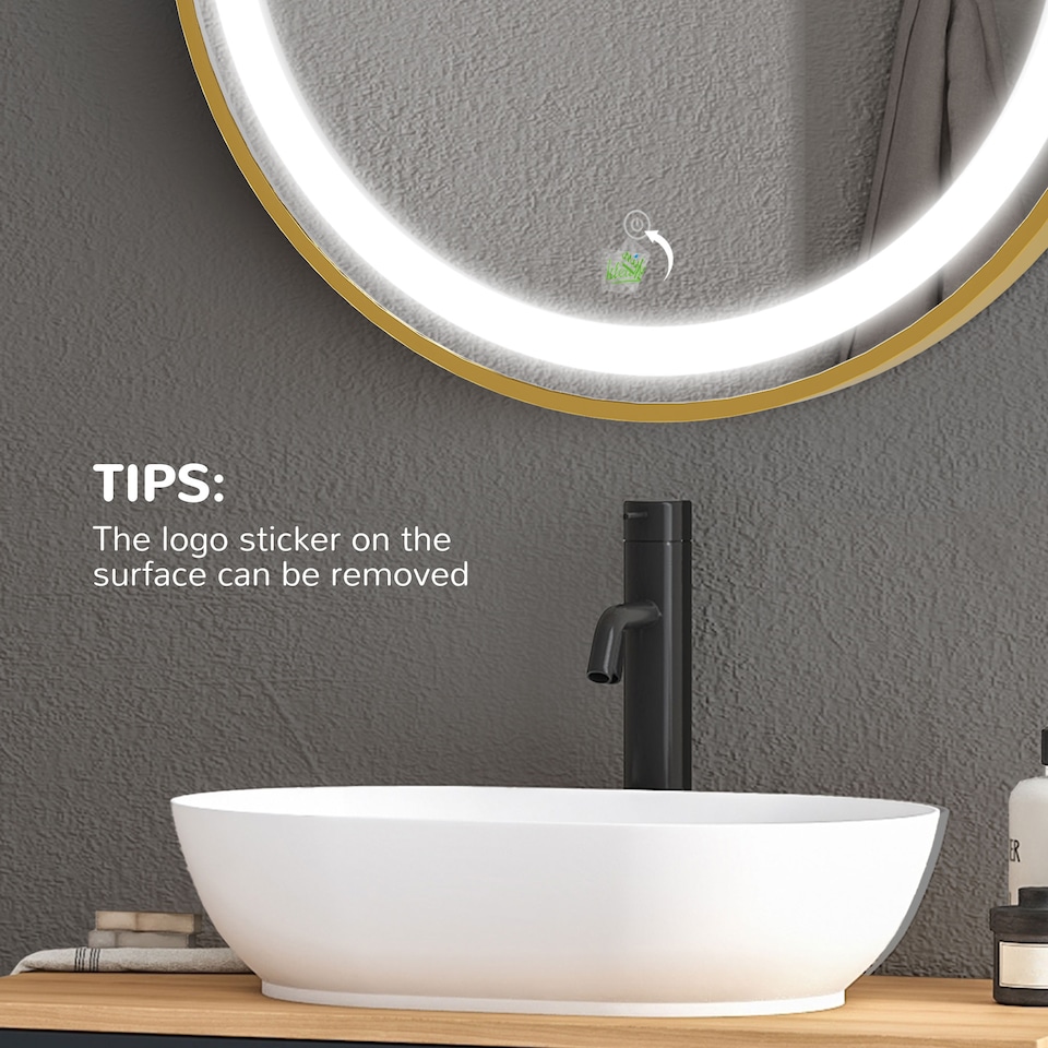 image 1 of kleankin Round Bathroom LED Mirror, Dimmable Lighted Wall-Mounted Mirror with 3 Temperature Colours, Time Display, Memory Function, Hardwired, Gold