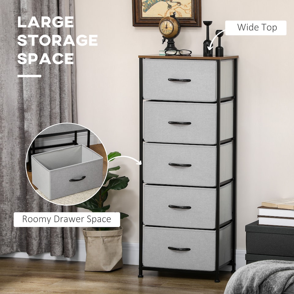 image 1 of HOMCOM Fabric Chest of Drawers, Industrial Bedroom Dresser with 5 Fabric Drawers, Steel Frame and Wooden Top for Nursery, Living Room, Hallway, Grey