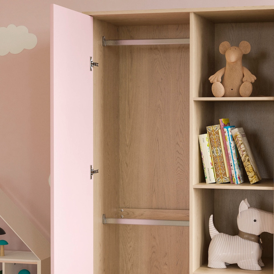 image 1 of Junior Vida Neptune 1 Door Wardrobe 5 Shelves & Clothes Rail, Pink & Oak
