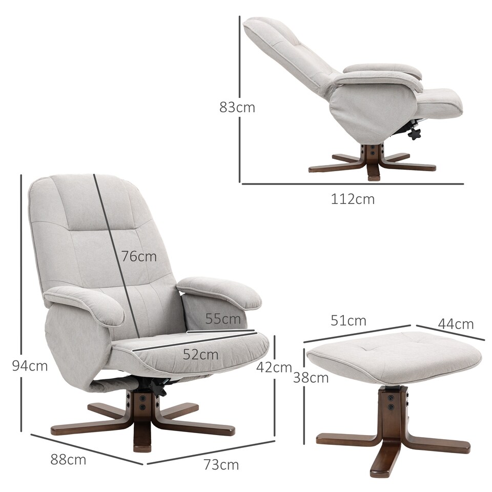 image 1 of HOMCOM Swivel Recliner Chair with Footstool and Wooden Base, Light Grey