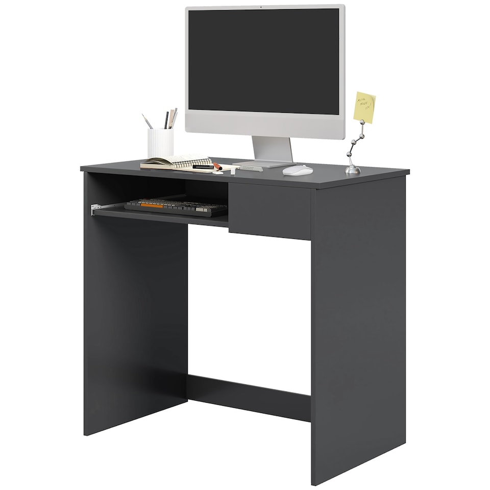 image 1 of HOMCOM 80cm Compact Computer Desk with Keyboard Tray, Home Office Desk with Drawer for Bedroom Study, Grey
