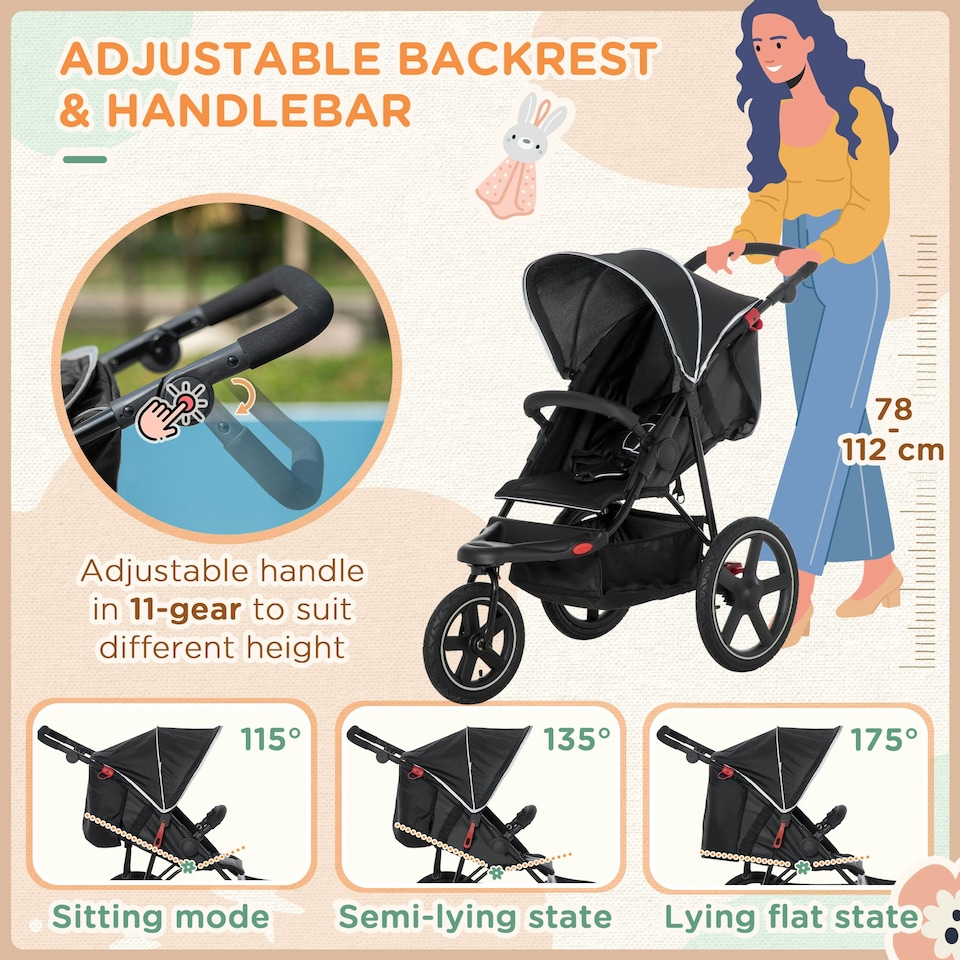 image 1 of HOMCOM Foldable Three-Wheeler Baby Stroller w/ Sun Canopy, Storage