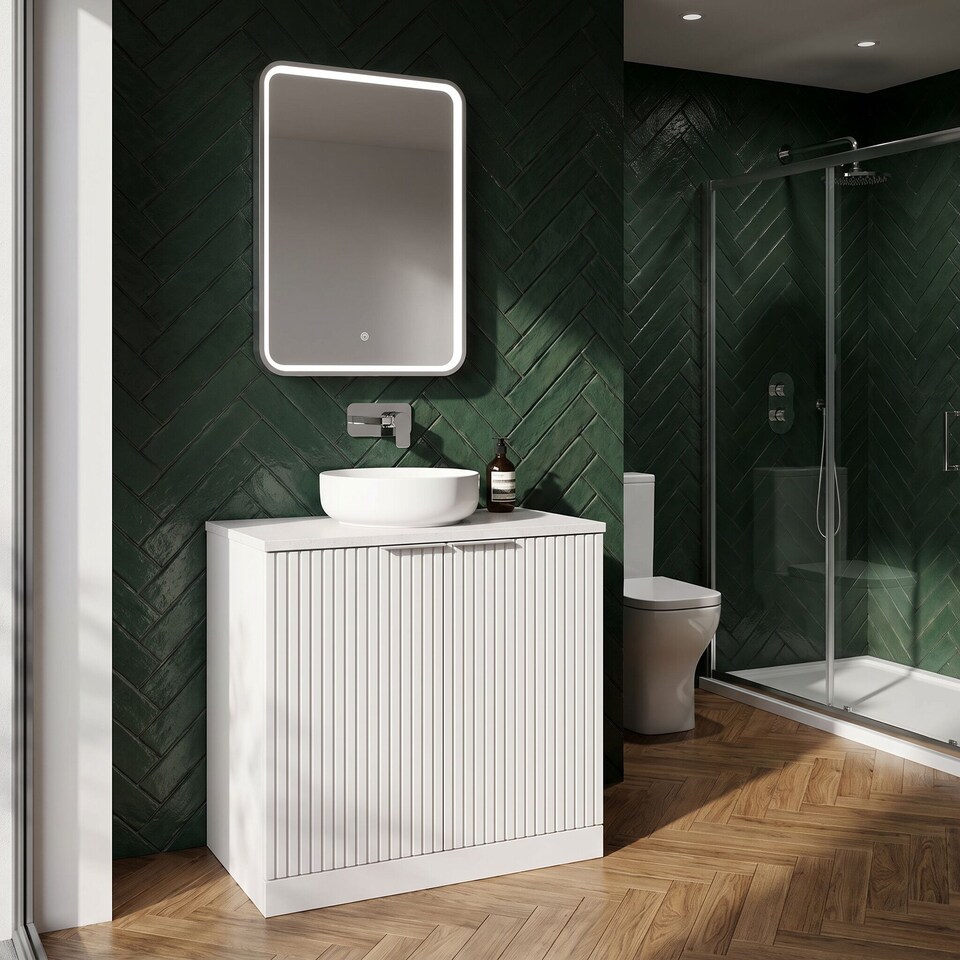 image 1 of Balterley Callingwood Contemporary Floor Standing 2 Door Vanity Unit with White Sparkle Laminate Worktop , 800mm, Matt White