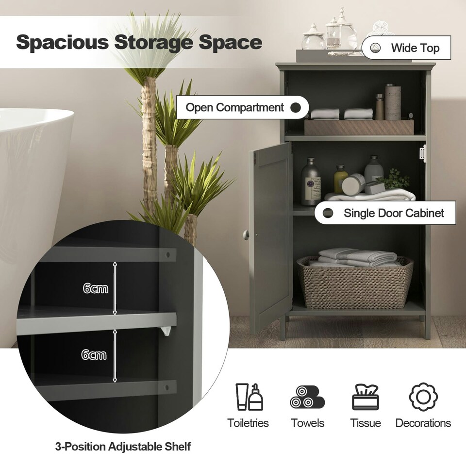 image 1 of COSTWAY Bathroom Floor Cabinet Single Door w/Shelf Grey Grey