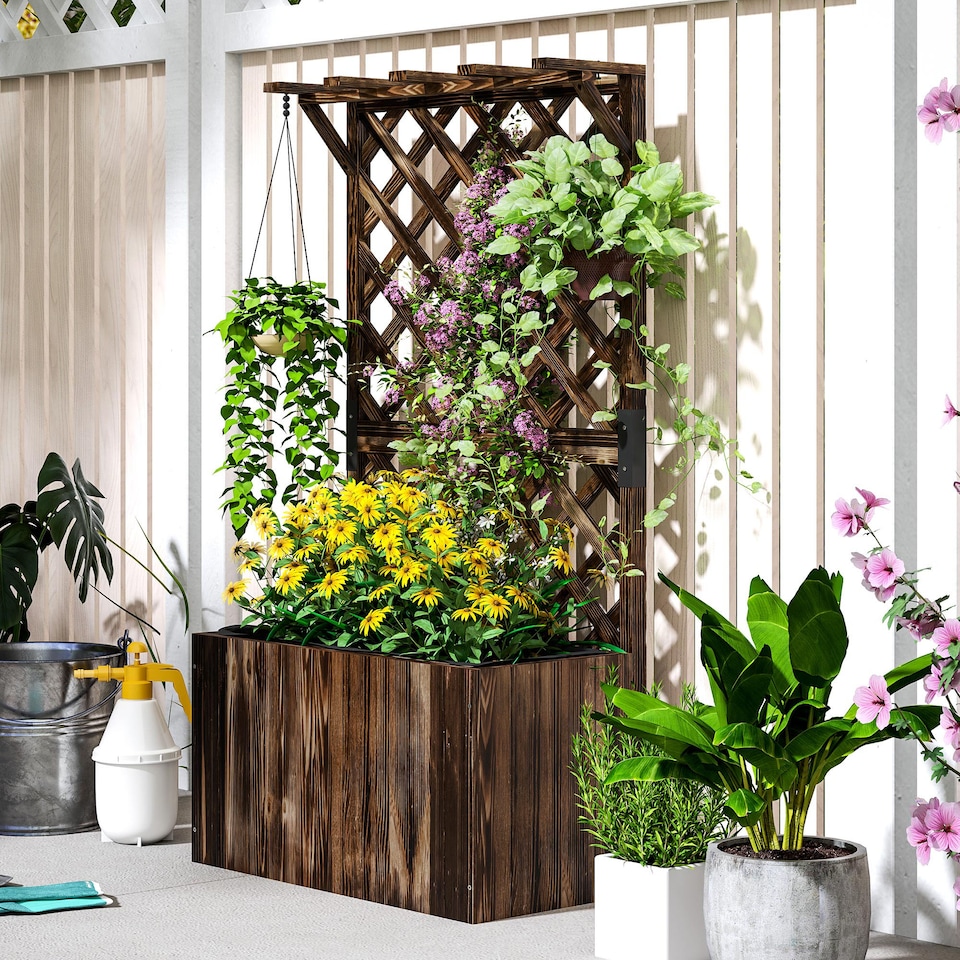 image 1 of Outsunny Wooden Planter with Trellis and Drainage Holes, Carbonised | Brown | Carbonised finish